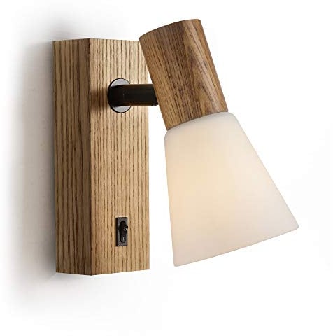 ouglres Holz Wandleuchte Mit Schalter,Vintage Innen Wandlampe,Weiß Glas Lampenschirm Drehbar,Industrial Design Bettlampe Wandleuchten für Schlafzimmer Nachttisch Wohnzimmer,Treppen, Korridor,E14