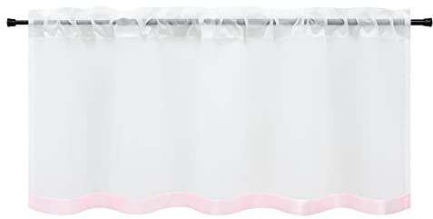 HeichkelL Scheibengardine Voile Bistrogardine mit Satinband Kurzstores Tunnelzug Gardinen Küche Vorhang aufgenähte Satinband als Bordüte Rosa BxH 90x30 cm
