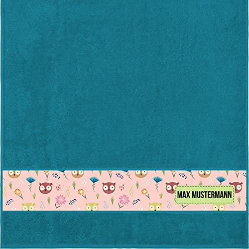Manutextur Duschtuch Mit Namen - Personalisiert - Eulen-Motiv - Viele Farben - Dusch-Handtuch - Petrol - 70x140 cm - Persönliches Geschenk Mit Wunsch-Motiv und Wunsch-Name
