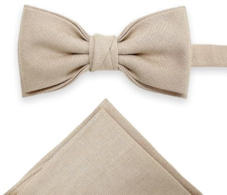 LINILI Leinen Fliege und Einstecktuch SET für Herren, Bereits gebunden und verstellbar- Handgefertigt in EU- Farbe: Beige
