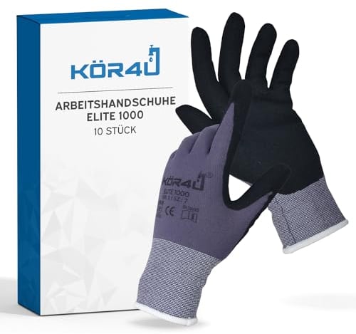 kör4u 10 Paar Arbeitshandschuhe Elite, atmungsaktiv und beschichtet, Schutzhandschuhe, Gartenhandschuhe Damen und Mechaniker Handschuhe geeignet, hochwertige Nitril-Beschichtung, ölbeständig