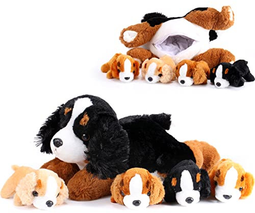 5 Stück Welpen Kuscheltiere Mama Hundebauch mit 4 Niedlichen Plüschtier Hunde Spielzeug Kissen Weich und Kuschelig Stofftiere Welpen Sortiment für Geburtstag (Sennenhund)