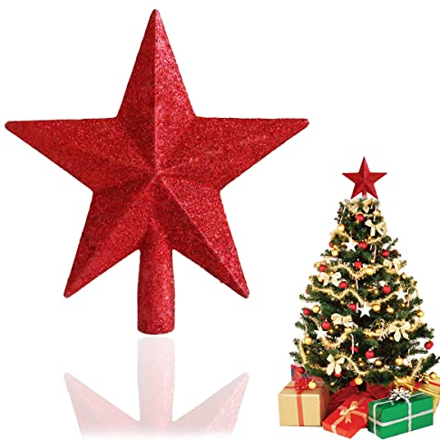 HONGECB Weihnachtsbaumspitze Stern, Kunststoff Christbaumspitze, Weihnachtsbaum-Spitze aus Kunststoff, Christbaumspitze Stern, Stern-Baum-Deckel für Weihnachtsbaum-Dekoration, 20cm, Rot