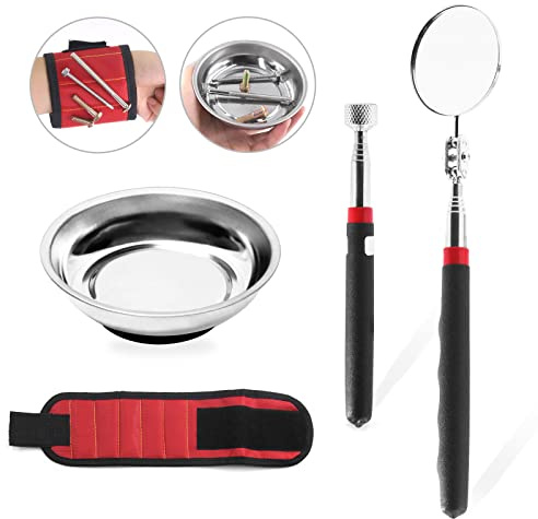 Swpeet 4Pcs magnetische Teleskop-Aufnahme-Werkzeug-Sets, magnetische Teile Tray, 10 lb Teleskop-Magnet-Stick, runde Teleskop-Inspektionsspiegel und rote Magnet-Armband