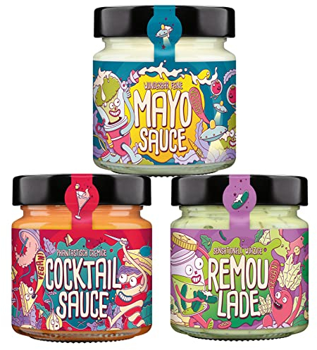 The Vegan Saucery Dip Mix, ausgewählte Saucen zum dippen, 3 x 200 ml Glas mit Mayo Sauce, Cocktail Sauce und Remoulade