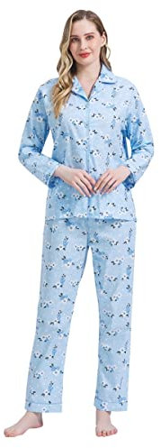 Amaxer Femmes Deux Pièces Pyjama Coton Pyjama Set Manches Longues Nightwear Home Suit Sleepwear et Pyjama Pants Lounge Sets,Fleur Bleue,S