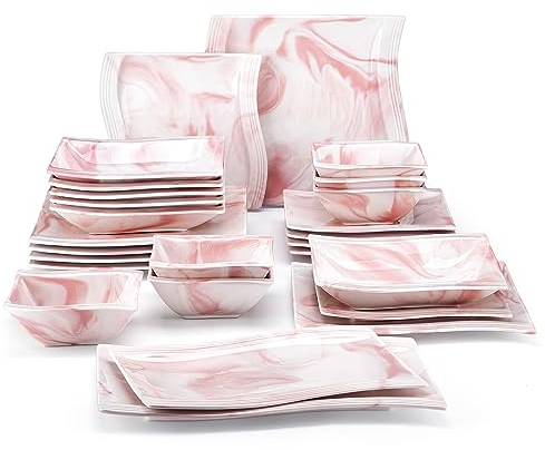 MALACASA, Serie Flora, 26-teiliges Marmor Rosa Geschirrset für 6 Personen Tafelservice Prozellan Teller Set mit 6 Speiseteller, 6 Kuchenteller, 6 Suppenteller, 6 Schüssel & 2 Servierplatte