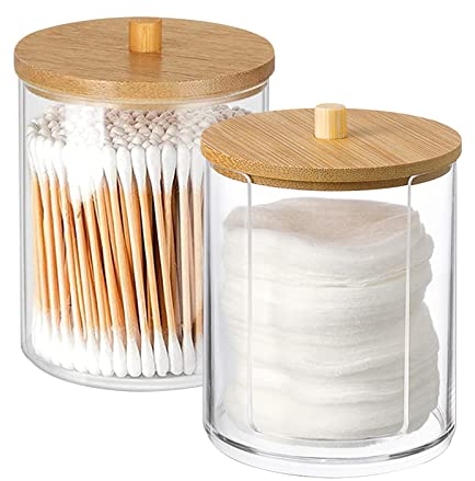 Hwtcjx Porta Dischetti Cotone, porta cotton fioc e dischetti, porta cotton fioc, Realizzato in materiale PS, con Coperchio in legno, a prova di polvere e umidità, per camera da letto, bagno (B)