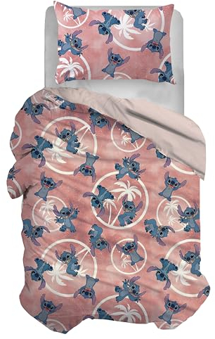Stitch, Set Copripiumino Singolo Cotone, Rosa, Sacco 155x200, Federa 50x80, Disney, 100% Cotone, Prodotto Ufficiale