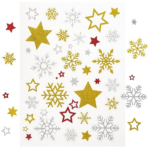 170 Stück Sticker Glitzer Stern Schneeflocken Aufkleber Weihnachts Etiketten Gold Silber Rot Selbstklebend zum Basteln Weihnachten Geschenk Deko Xmas Weihnachtsdeko