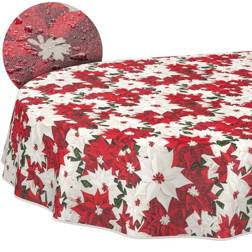 ANRO Tischdecke abwaschbar Weihnachtsblumen mit Saum oval 160x140 cm | mit Saum eingefasst – Gartentischdecke wetterfest – Tischwäsche aus beschichtetem Stoff – waschbar bei 30 °C
