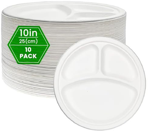 Venuscello 50 x Strong Disposable 3 Compartment 10 Inch Bagasse Plates Heavy Duty Bagasse Biodegradable Plates White Eco-Friendly & Compostable Party Plates