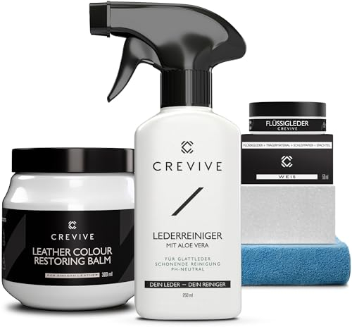 CREVIVE Flüssigleder Weiß 50 ml, Lederreiniger 250 ml & Reperatur Balsam 300 ml - Leder Reparatur Set Weiß - Kunstleder Reparaturset - Lederreparaturset für Sofa, Couch, Lenkrad, Autositze