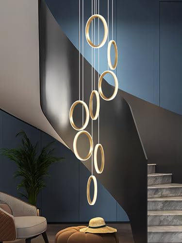 RuiRfh Kronleuchter moderne LED Villa Treppe große Pendelleuchte goldene dimmbare hohe Decke Hängelampe mit Fernbedienung geeignet für Foyer Hotel Wohnzimmer Aluminium 15 Ringbeleuchtung (Color : Dim