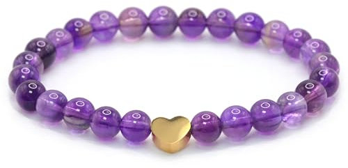 Echtes Amethyst Edelstein Armband mit 6mm Perlen und Edelstahlherz - verschiedene Längen - Heilstein Schutzstein Talisman Glücksbringer Geschenk (Amethyst, 16CM)