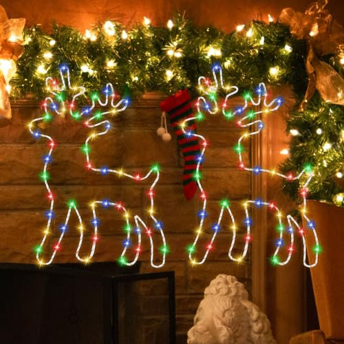 Beleuchtet Rentier Weihnachtsdeko Fenster, 100 LED Lichterkette mit Timer Fensterbeleuchtung Weihnachten, 8 Modi Weihnachtsbeleuchtung Hängen Lichterketten für Innen Außen Balkon Vorhang(2 Stück)