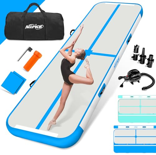 ALLPICK Turnmatte Aufblasbar mit elektrischer Luftpumpe, Länge 3/4/5/6 m Trainingsmatte, 10/20 cm hoch Tumbling Matte, Doppelseitiges Design Aufblasbar für Gymnastikmatte, Yoga -Blau 600*100*10 cm