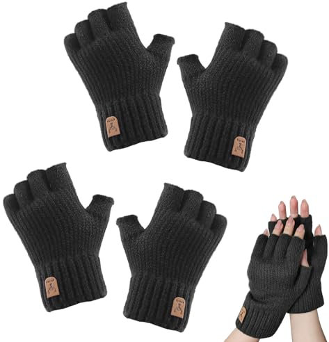 ZOCONE 2 Paar Strick Fingerlose Handschuhe Winter Warme Fingerlose Handschuhe Herren Flexible Touchscreen Halbfinger Handschuhe Ohne Fingerkuppen Damen Fingerless Gloves Unisex Erwachsene (Schwarz)