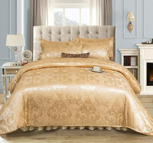Gezu Bettwäsche 155x220cm Gelb Seide Satin Romantisch Muster Bettwäsche Barock 100% Weich Wendebettwäsche Set Gold Glatt Glänzend Sommer Bettbezug 155x220cm mit Reißverschluss und 2Kissenbezüge