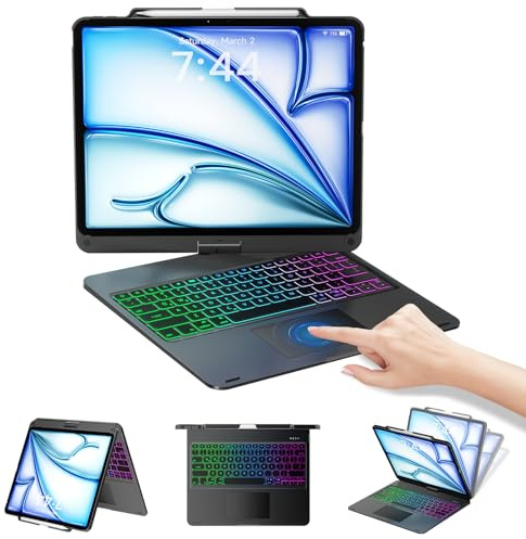OPAKIT Tastaturhülle für iPad Air 13 Zoll (M2) 2024 & Pro 12,9 Zoll 6. Generation 2022, Trackpad, 360° drehbar, 7 Farben Hintergrundbeleuchtung, kabellose Tastatur für iPad Pro 12,9 Zoll (5. / 4. / 3