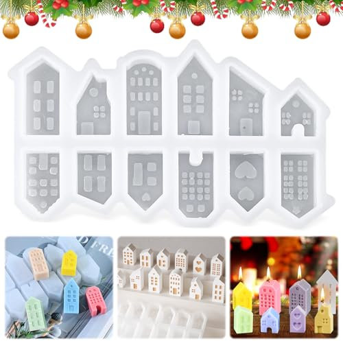 Silikonformen Gießformen Häuser, 12 Stück Silikonform Weihnachten, Mini Silikonform Haus Gips Zum Gießen, Gießform Haus, Weihnachten Giessformen Silikon, Für Kerzenherstellung Handgefertigte