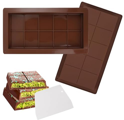 Chocolate Bar Mould, Multifunctional Deep Chocolate Mold, Filled Chocolate Bar Mould, Chocolate Mould with Scraper, Set of 2 (Brown)
