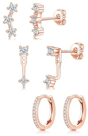 Sterling Silver Rose Gold Stud Hoop Earrings Set for Women Girls, 3 Pairs Hypoallergenic Small Cubic Zirconia Stud Hoop Earrings Stacks Cartilage Minimalist Earring Set for Multiple Piercing