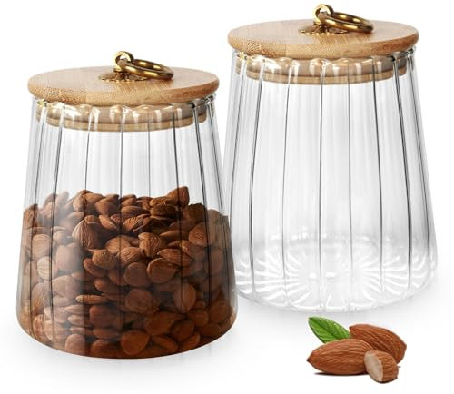 Glass Storage Jars with Bamboo Lids, 650ml Clear Airtight Food Storage Container with Sealing Lid and Carrying ring, Canister Set of 2 for Pasta Flour Cereal Rice Sugar Tea Coffee Beans (Conical)