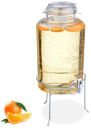 Relaxdays Getränkespender mit Ständer, Limobehälter 8 L, Zapfhahn, Wasserspender, Glas, Bügelverschluss, transparent