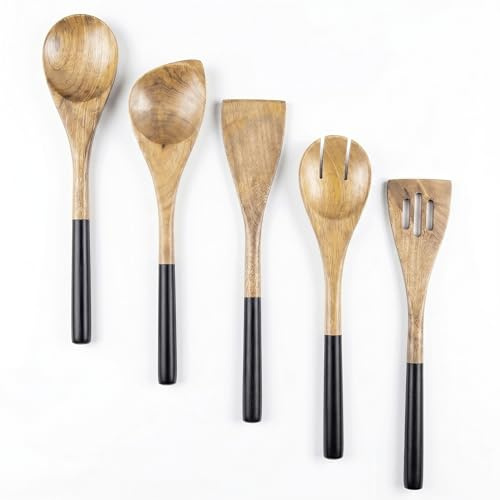 The Art Box Wooden Utensil Set – 5-Piece Acacia Wood Cooking Spoons & Spatulas Non-Stick Kitchen Tools Comfortable Grip BPA-Free Ideal for Cooking and Serving