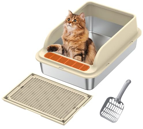 Lettiera Acciaio Inox, Lettiera Gatto XXL Design Semi-chiuso con Protezione Dagli Spruzzi, Bordo Alto Rimovibile e Tappetino per la Lettiera, 50x35x25cm per Famiglie, Resistente Agli Odori Duratura