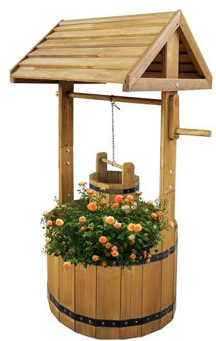 Vivo Technologies Large Wooden Wishing Well Planter Solid Pine Ornamental Outdoor Garden Plant Flower Pot Outdoor Ornament Decoration,47x100 cm