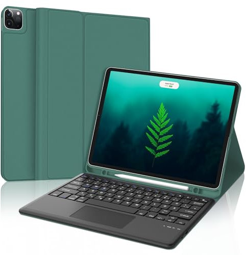 SENGBIRCH Tastatur Hülle für iPad Pro 12.9 Zoll 6/5/4/3 Generation, Magnetisch abnehmbar mit Deutsches QWERTZ Layout Touchpad Keyboard mit Soft TPU und Leder hülle, Dunkel Grün