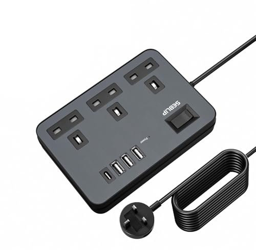 SEBLIP 5m Black Extension Lead with USB Sockets, Modern Indoor Extension Cord with Power Switch, 3 Sockets and 4 USB Ports (Black, 500cm/197inch)