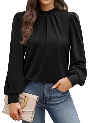 WIHOLL Blouses for Women Long Sleeve Tops Mock Neck Pleated Shirts Ladies Tops Business Loose Fit Size 14-16 Black