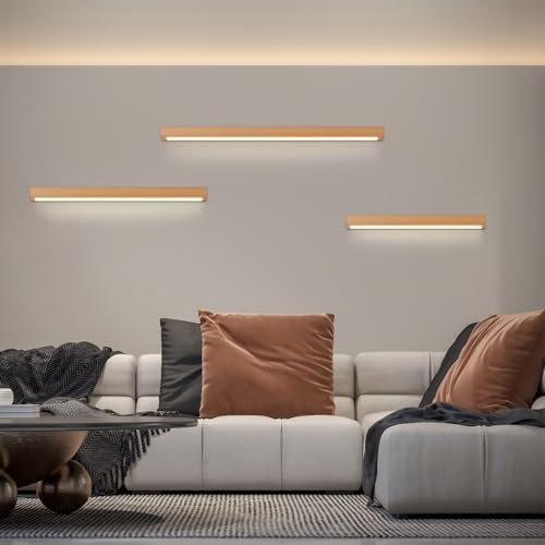 YUPIN Einfache Rechteckig Massivholz Wandleuchte Holz Bettkopf Indoor Wandlampe LED Einstellbar Modern Dorf Wandspiegellampe Für Wohnzimmer Schlafzimmer 3 Farben Dimmbare Deco Wandbeleuchtung(100cm)