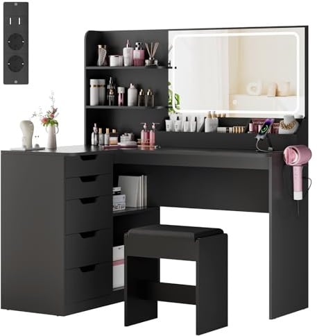 Airfish Schminktisch mit LED-Licht Spiegel & Steckdose, 5 Schubladen, 3 Farben mit Einstellbarer Helligkeit Kosmetiktisch, Eckschminktisch, Föhnständer, 120x65x136cm, Schwarz