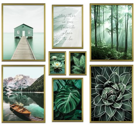 ARTFAVES® Poster Set - PETROL NATURE - mehrteilige Wanddeko Wohnzimmer & Schlafzimmer - 8 moderne Wandbilder grün, wald, natur, petrol-grün, pflanzen, berg, see - mit Rahmen Gold