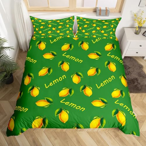 Homemissing Zitronen Bettwäsche Set 135x200cm Gelbe Obst mit Blätter Betten Atmungsaktiv Kawaii Obst Bettwäsche-Set Schlafzimmer Wohnzimmer Bettbezug mit 1 Kissenbezug