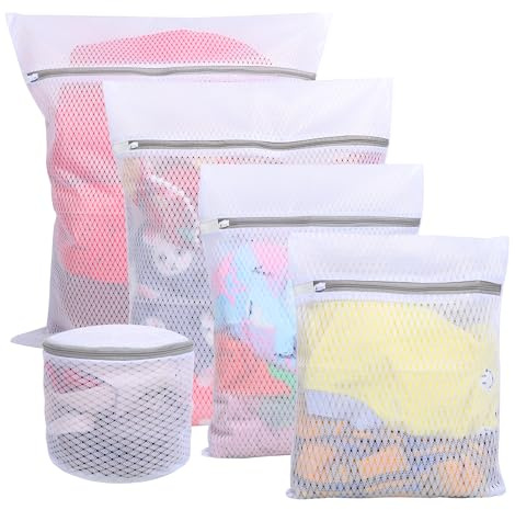 5PCS Mesh Laundry Bags for Washing Machine, Laundry Bags with Zips, Reusable Washing Machine Wash Bag for Clothes, Underwear, Bra,Socks (XL+L+M+S+Bra Bag,White)