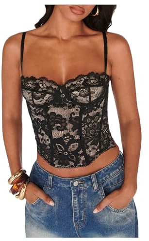 GORGLITTER Women's Floral Lace Bustier Corset Tops Asymmetrical Sleeveless Corsets Party Cami Tops Black Large