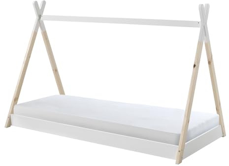 FURNLUX Tipi Kinderbett, 90x200 cm, Hausbett Design, Weiß, Kiefernholz, 107x206x134 cm, mit 10 cm Matratze