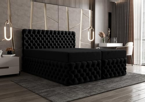 B&B HOME Boxspringbett Figo II, Doppelbett 180x200 cm, Samt-Polsterung, Chesterfield-Steppung, Holzrahmen, inkl. Topper, Bettkasten mit Federautomatik (Riviera100)
