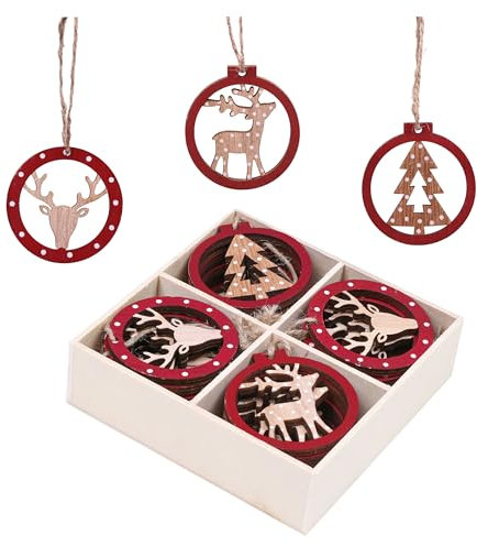 Valery Madelyn 24pcs Traditional Red and White Christmas Decorations, Wooden Hanging Pendants, Xmas Tree Ornaments with Reindeer, Gift Tag Patterns, 2.4inch/6cm