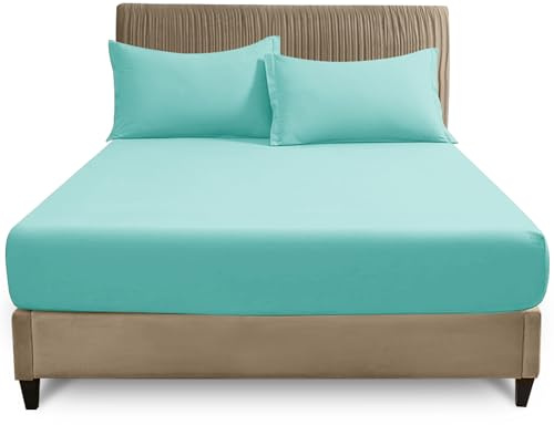 GC GAVENO CAVAILIA Super King Fitted Sheet (180x200 cm) - Soft Polycotton Fabric - Anti Allergic - Fade Resistant Bed Linen - Elasticated 25cm Deep Plain Bottom Sheet, Aqua