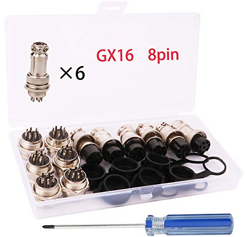 RUNCCI-YUN 6Pcs Premium GX16-8 Pin Aviación Conector, 5A Aviación Enchufe, 16MM Rosca Metal Macho Hembra Panel Aviación Conector Enchufe, con Goma Tapa Protectora y Destornillador Phillips