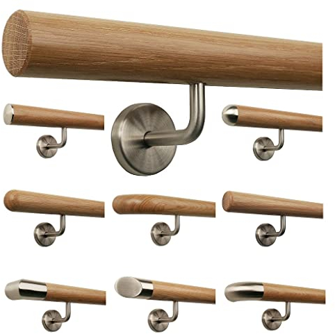 TIBU Eiche Holz Handlauf Geländer 0,3m - 6m, Länge 30 cm, Ende gefast und 2 gewinkelte Halter