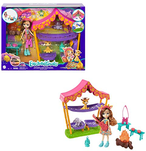 Enchantimals GTM33 - Savannen-Pyjamaparty Spielset mit Griselda Giraffe Puppe (15 cm), 2 Tierfreunden, Zelt und 8 Zubehörteilen, Spielzeug ab 4 Jahren