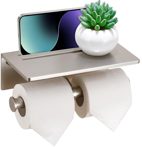 Smarthome Toilet Paper Holder - Aluminium Double Roll Toilet Tissue Holder with Mobile Phone Shelf for Bathroom, 3M Self Adhesive No Drilling or Wall-Mounted, Rustproof Modern Style Brushed Nickel