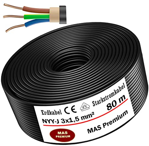 NYY-J - Câble souterrain courant fort - Électrique - De type 3 x 1,5 mm² - Longueur : 5 à 170 m - Avec anneau pour pose en extérieur, en sous-sol (80 m)